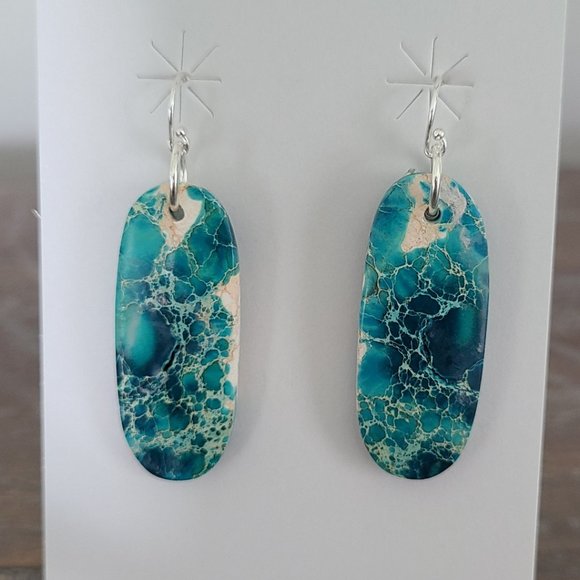 Turquoise Slab Dangle Earrings, Sterling French Hooks, Oblong Shape - Picture 1 of 6
